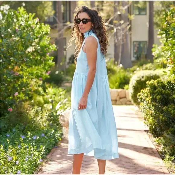 Frank & Eileen Daphne Sleeveless Popover Dress Blue White Stripe Linen Size XL - Picture 2 of 12